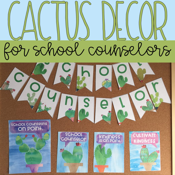 Watercolor Cactus School Counselor Mini Office Decor Set with Banners, Posters