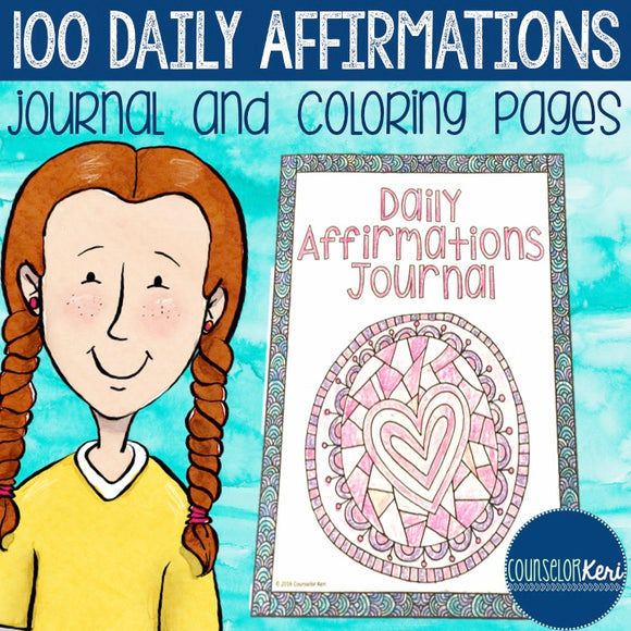 Daily Affirmations Self Esteem Journal and Coloring Pages for School Counseling